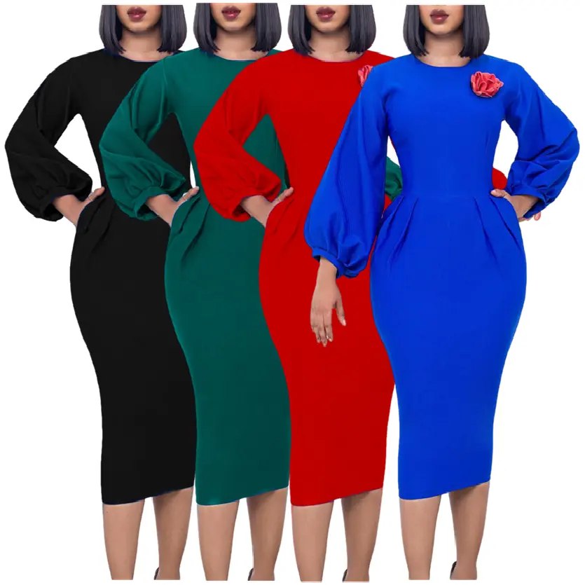 D410 Latest Design Autumn Career Dresses Solid Color Hip Wrap Ladies Office Dresses Women Formal Work African Dresses