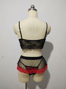 3pcs女式性感内衣套装蕾丝文胸丁字裤短裙印花情色内衣套装