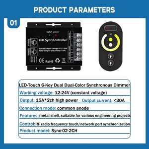 Điều khiển từ xa không dây RF bảng điều khiển cảm ứng 6 phím, đèn LED đổi màu 2 kênh, công suất cao DC 12/24V 15A/2CH, dùng cho chiếu sáng gia đình hoặc văn phòng - Product Image 2