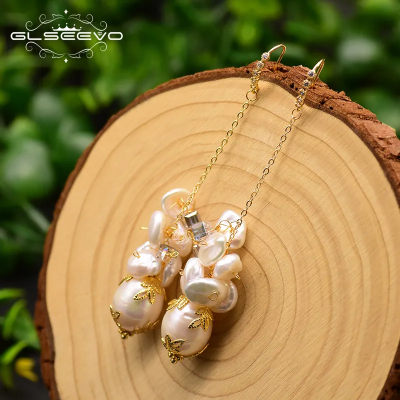 Pendientes largos de perlas barrocas naturales para mujer, aretes de verano de circón, joyería chapada en oro de 18k