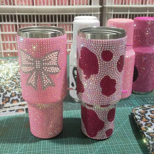 לוגו מותאם אישית bling diy rhinestone אמנות יפה יום הולדת ורוד מתנה קיר כפול נירוסטה 40 עוז ידית ספלים