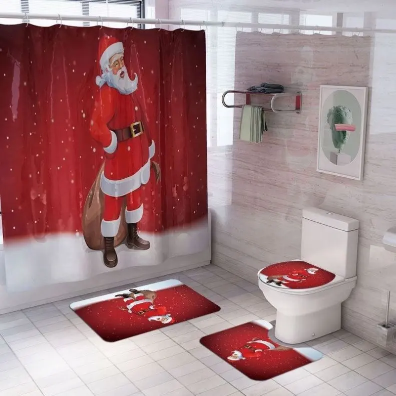 Moda Feliz Navidad niños Cortina de ducha rojo Santa decoración del hogar 3D impresión Digital personalizada Cortina de ducha conjunto para Baño