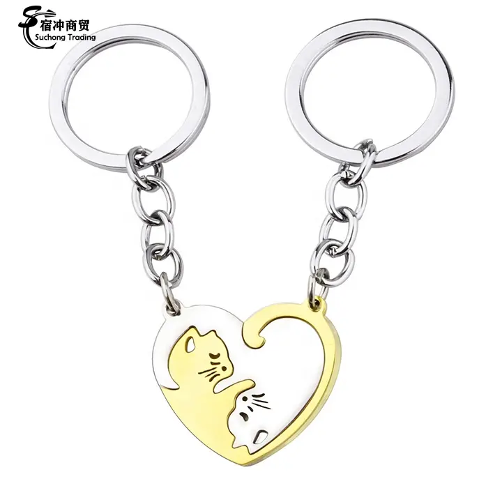 Idee regalo di san valentino 2024 gatto a forma di cuore 3D in metallo Puzzle portachiavi in metallo o collana