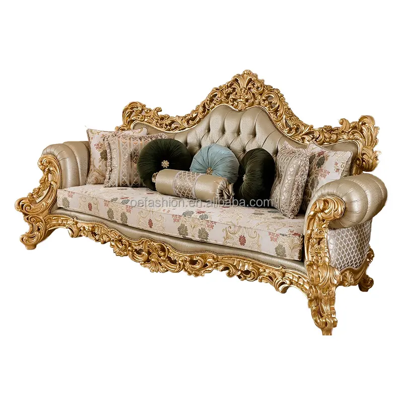 OE-FASHION Luxury Royal Gold Leaf Carved Wood Sofa set , European style Italian Design Solid Wood Gilded Fabric Sofa