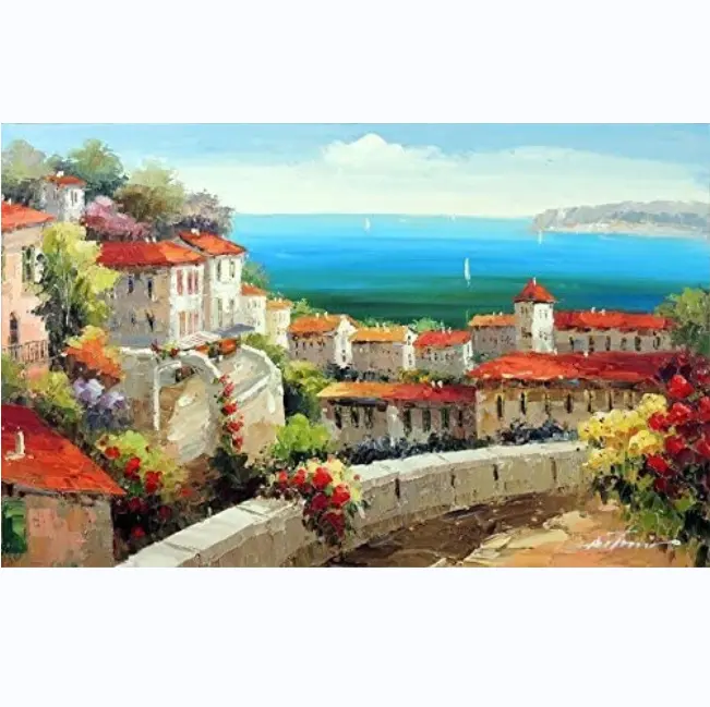 Dipinto a mano 100% su tela dipinto a olio per decorazione di arte della parete, città italiana del Mediterraneo mare oceano case vista pittura a olio paesaggio