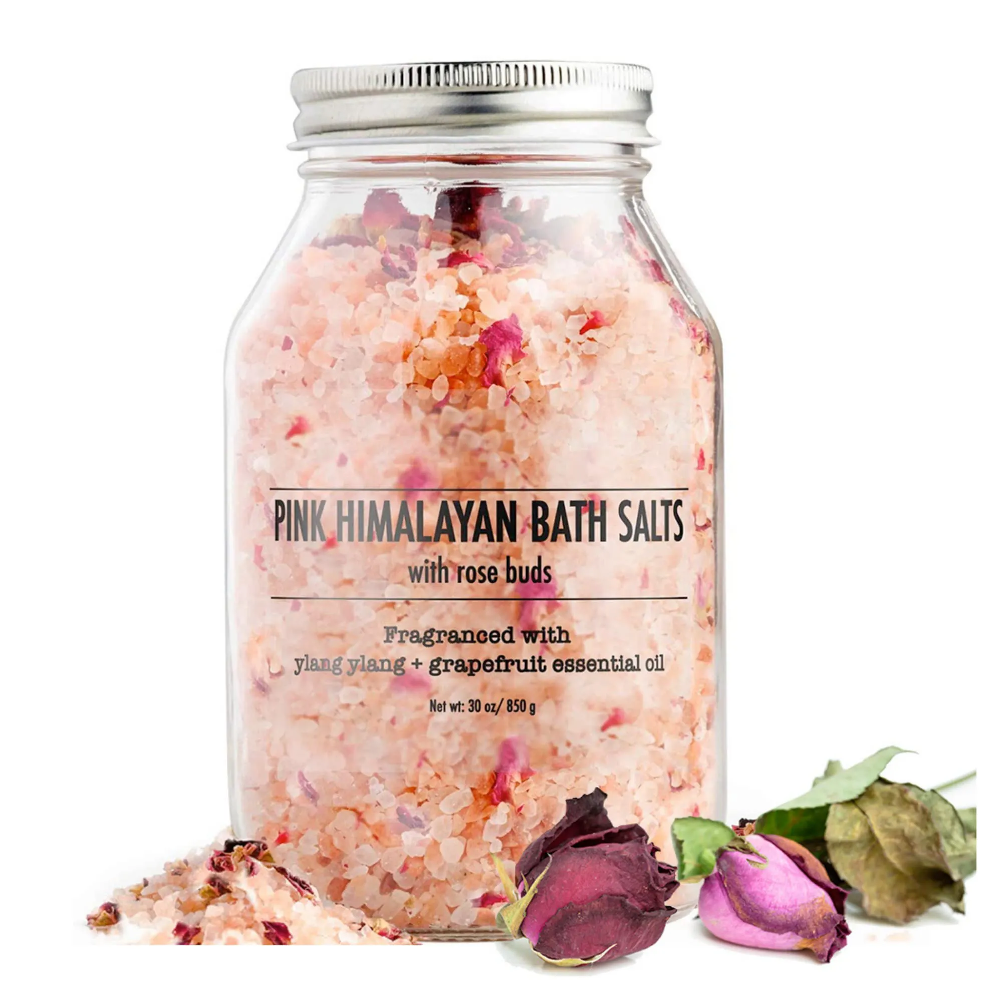 Nueva sal de baño de etiqueta privada con pétalos de rosa 100% Sales de baño de aceite esencial natural para mujeres Sal de baño relajante sin crueldad