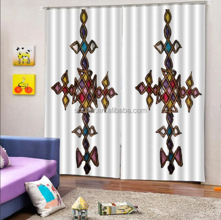 Äthiopisches traditionelles Design Saba und Telet Blackout Curtain Fabric 3D-gedruckte Fenster vorhänge für das Wohnzimmer Luxus