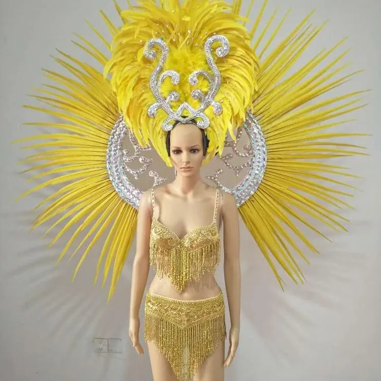 Jaune or Samba danse costume scène sauvage danse carnaval papillon plume ailes casque cabaret samba bikini Rio costume