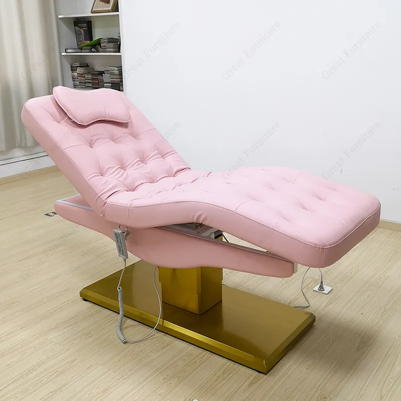 Luxe Roze Getuft Lederen Massagetafel Goud Roestvrijstalen Basis Elektrische Wimper Gezichtsbehandeling Spa Bed Te Koop