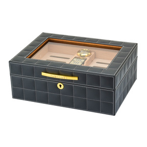 ארז עץ סיגר <span class=keywords><strong>Humidor</strong></span> עם חלון גלוי, מדדי לחות, ומכשיר אדים סיגר קופסא עור