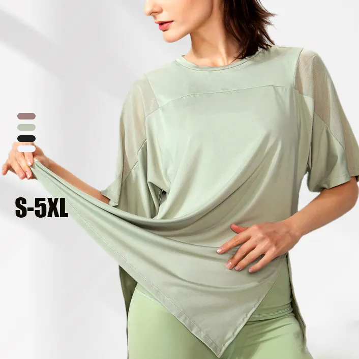 Yiyi S-5XL camisetas femininas para academia, design de rede de secagem rápida, camisetas para meninas, lado aberto, lazer, treinamento de suor, tamanho grande