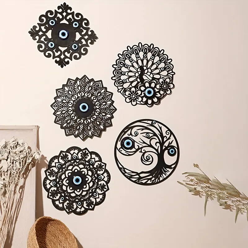 Mal de ojo de madera Arte de la pared Decoración Árbol DE LA VIDA Pavo real hueco negro colgante de pared rústico granja redonda Boho decoración del hogar