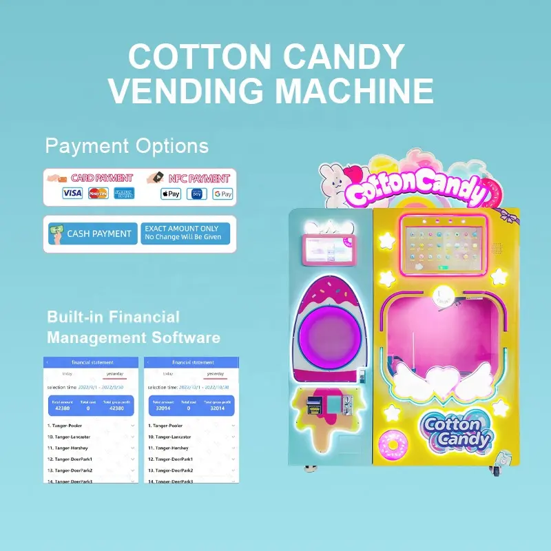 factory Commercial Latest Colorful Clouds Roll Pink Floss Flower Automatic Cotton Candy Vending Machine with card reader system