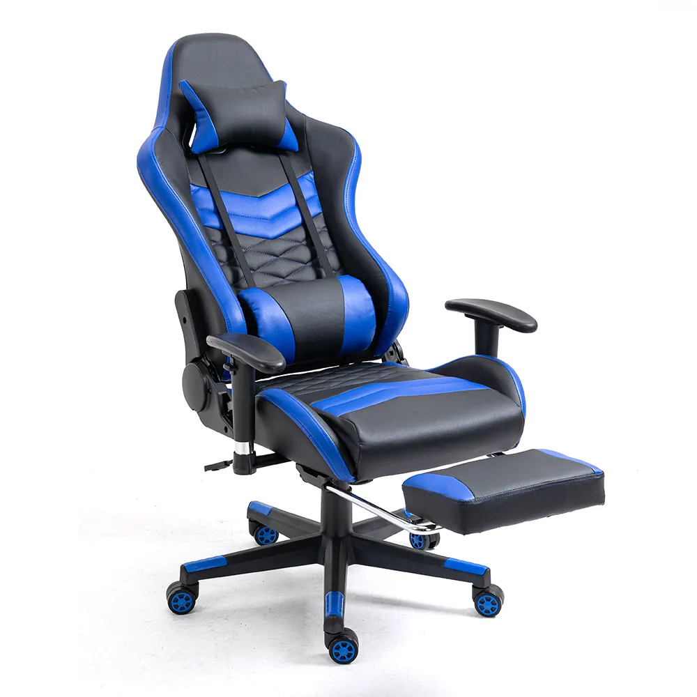 Chaise de jeu de course de massage de luxe personnalisée en cuir siège de jeu d'ordinateur chaise de jeu bleue avec repose-pieds