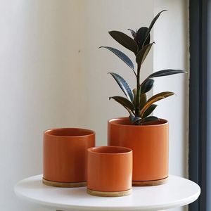3&quot; 4&quot; <strong>5</strong>&quot; Ceramic <strong>Planter</strong> Pots for Plants with Draingage Hole and Saucer Outdoor <strong>Planters</strong> for Patio Flower Pot Bamboo Wood Tray - Product Image 2