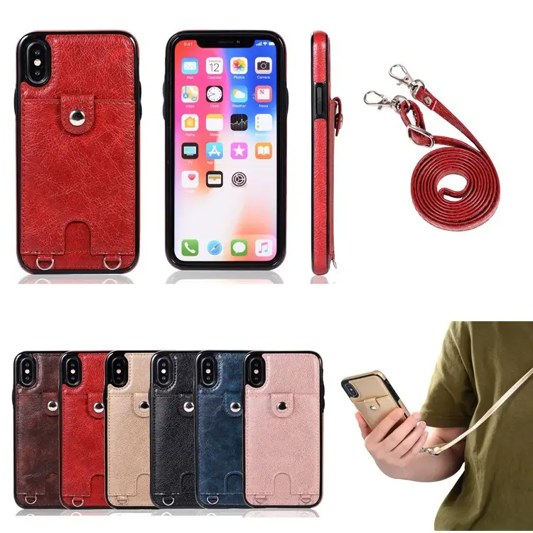 Effen Kleur Telefoon Hoesje Voor Iphone 15 Pro/14 Plus/13/12 Invoegen Kaart Pu Lederen Hoesjes Met Schouderriem Beschermhoes