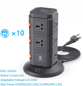 Enchufe de mesa Enchufe de extensión de torre 3 capas 10 salidas universales 4 puertos USB Cargador inalámbrico de 10W con interruptores individuales - Product Image 4