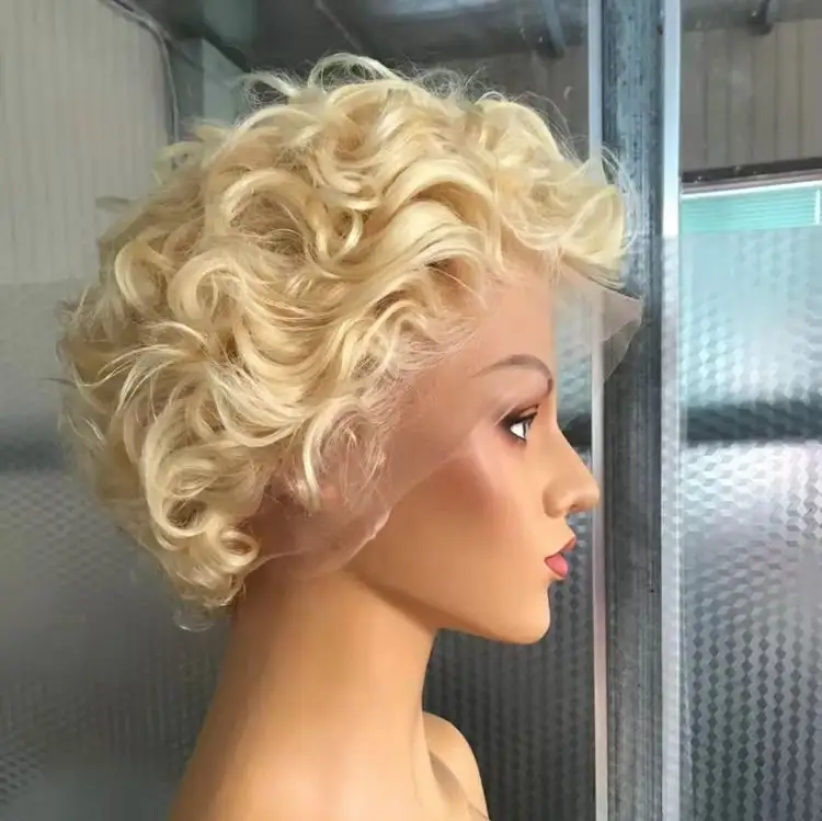 Frontal laço suíço peruca de alta qualidade virgem encaracolado curto corte pixie loiro 613 cabelo humano perucas cheias do laço