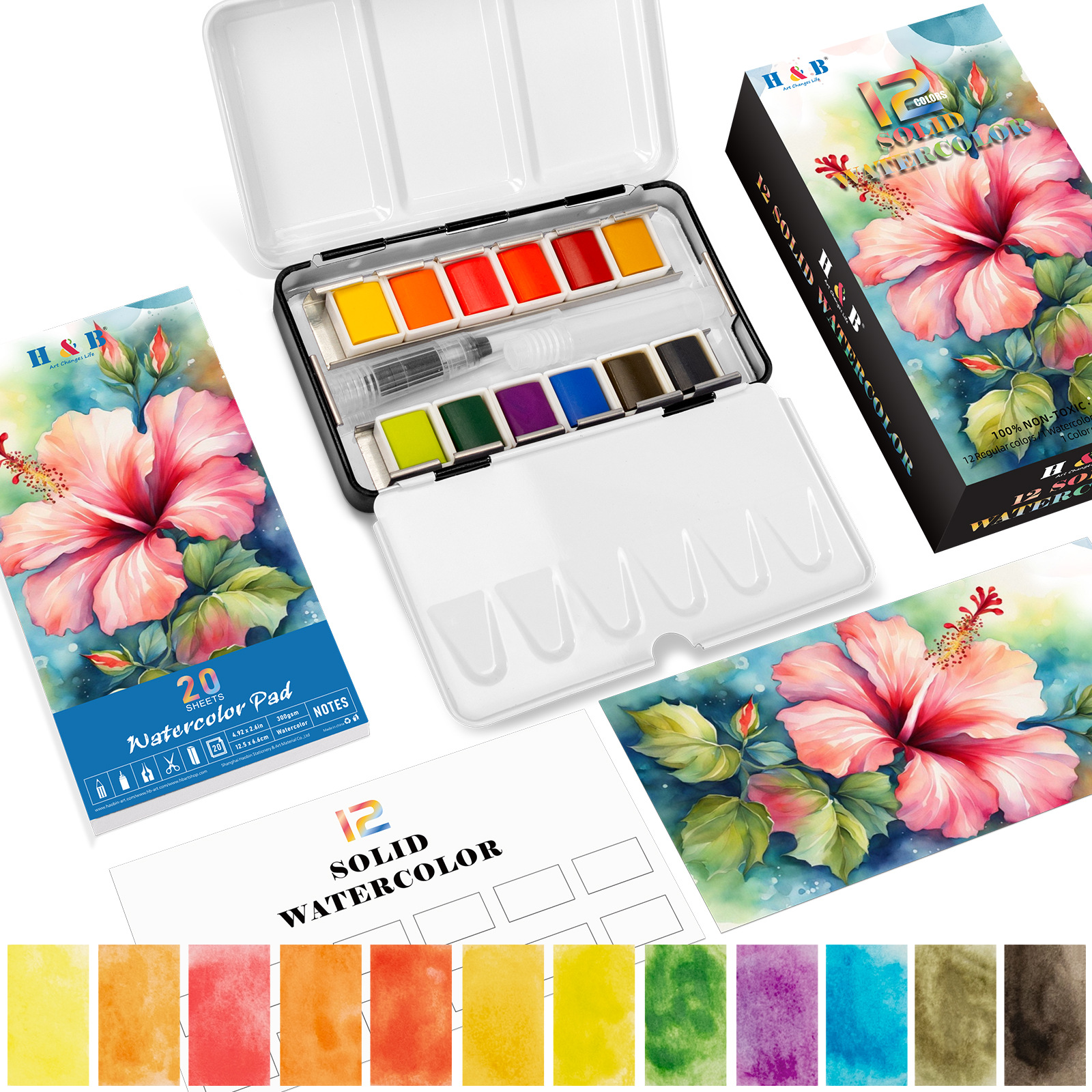 Ensemble d'aquarelles solides de 12 couleurs, fleur d'hibiscus