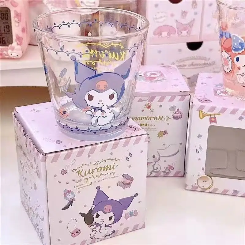 Sanrioed Anime Cartoon Cinnamoroll Kt Cat Kuromi My Melody Purin Dog Glass Water Cup Girl Cute Heat Resistant Breakfast Cup Gift