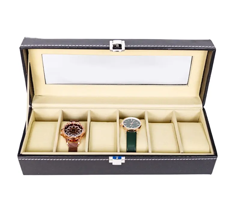 High End Quality Rectangle Men Women Jewelry Watch Box PU Leather Watch Storage Box 6 Slots With Lock