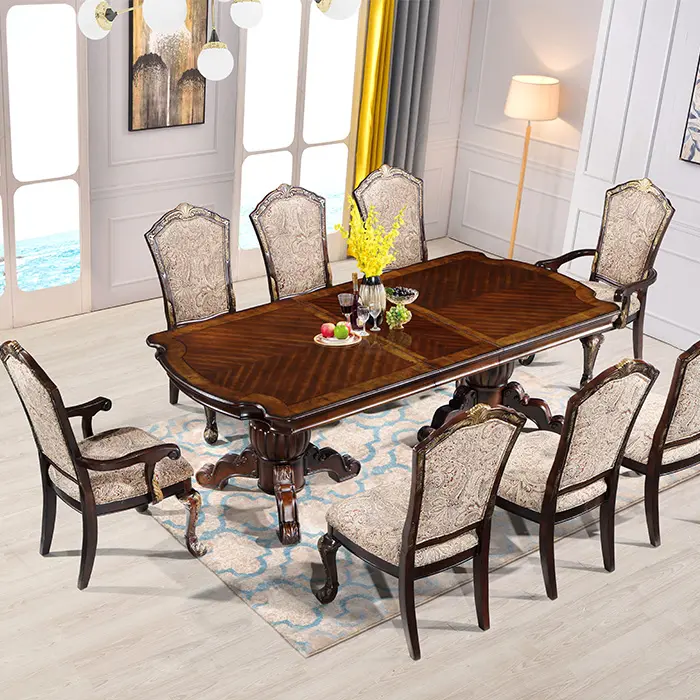 Klasik mobilya takım fabrika kahverengi yemek masası ev 8 koltuk ile yemek masası seti modern yemek masası