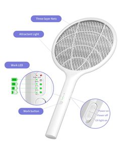 Thiết Kế Mới 2 Gói 4000V Bug Zapper Vợt Điện Fly Vỉ Đập Cho Muỗi 1500MAh Pin Có Thể Sạc Lại <span class=keywords><strong>3</strong></span> Lớp Mạng Lưới An Toàn - Product Image 4