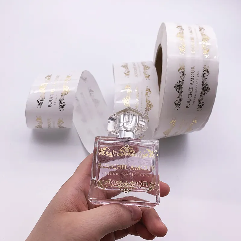 Aangepaste Transparante Zelfklevende Etiket Cosmetische Fles Label Clear Goud Folie Parfum Glazen Fles Sticker