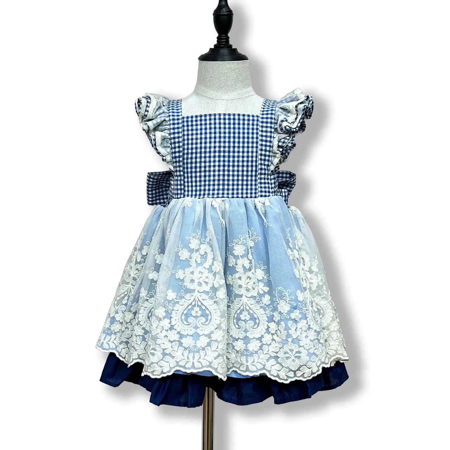 2023 yeni tasarım bebek kız elbise parti ekose kızlar doğum günü elbiseleri kafa bandı ile mavi çocuk giysileri kızlar 1 ila 12