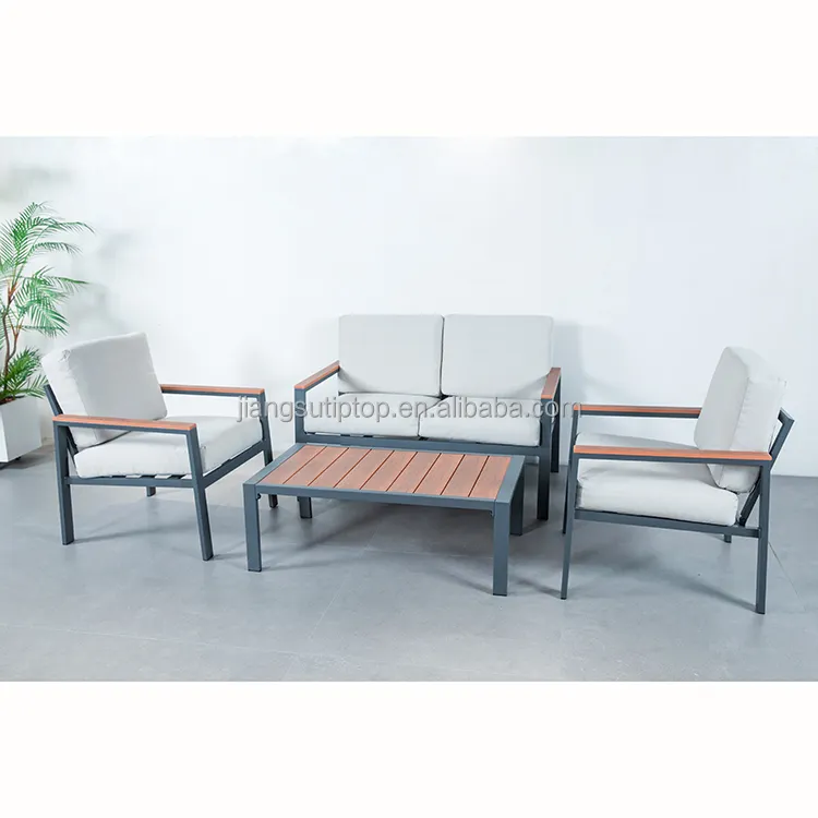 Hoge Kwaliteit Fauteuil Outdoor Tuinmeubelen 4 Stuks Aluminium Plastic Kunsthout Sofa Set