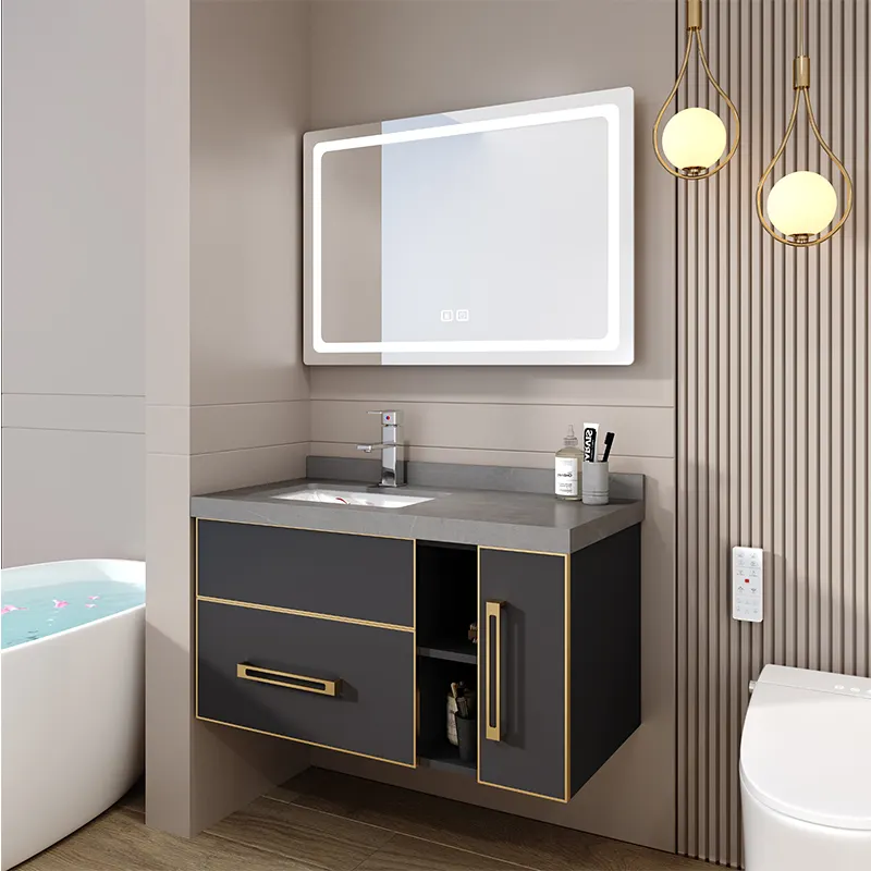 Высококачественные современные светодиодные шкафы для зеркал для ванной комнаты, серый сланцевый столешница, вместительный алюминиевый водонепроницаемый шкаф для ванной комнаты, набор с раковиной