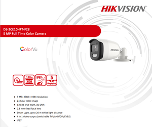 Hikvision กล้องวงจรปิด CCTV ทรงกระบอกขนาดเล็ก5 MP ของแท้ DS-2CE10HFT-F28 24/7ภาพสีเต็มรูปแบบระยะ20ม. ภาพชัดเจนขนาด2.8มม. - Product Image 2