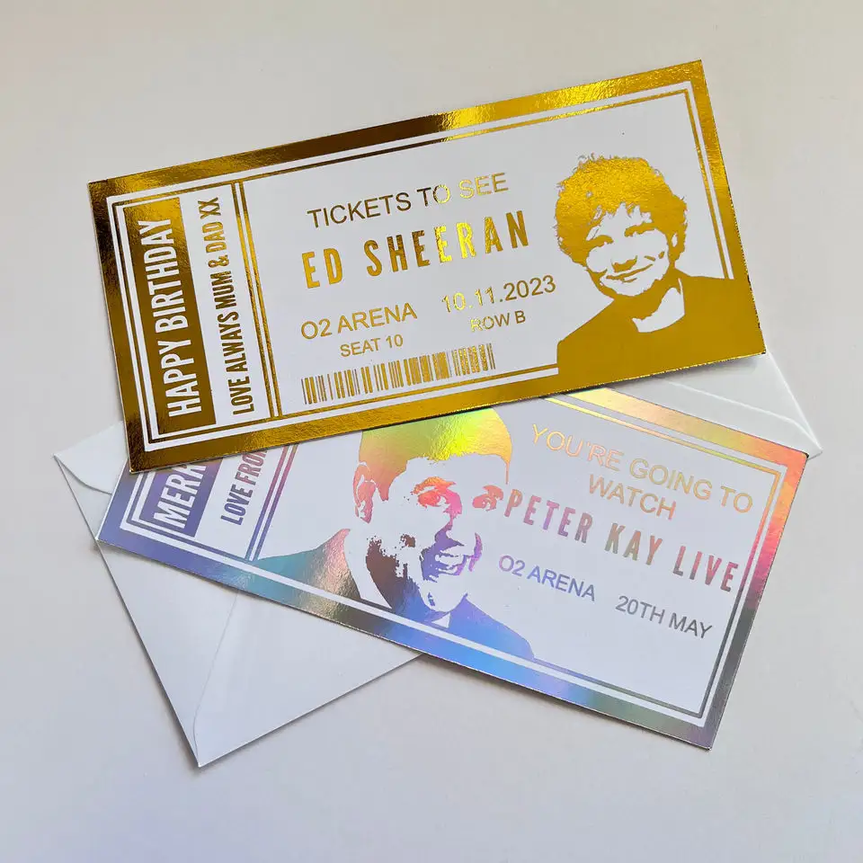 Venta al por mayor, billete dorado personalizado, sorpresa de cumpleaños, regalo de Navidad, certificado, evento, Concierto