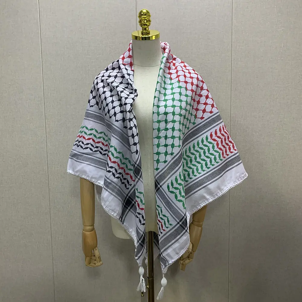 Venta al por mayor caliente unisex Palestina kufiya bandera bufandas 53 pulgadas cuadrado Arafat Hatta 100% algodón shemagh keffiyeh bufanda árabe