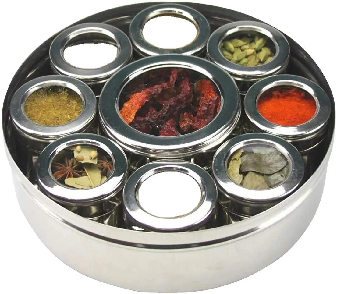 Venta caliente utensilio de cocina tapa de acero inoxidable cubierta de bloqueo cajas de especias Masala Dibba contenedores tarro