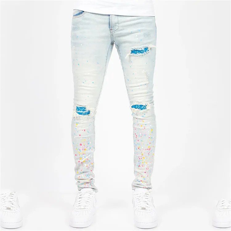 Calças jeans masculinas, personalidade de dois tons rasgadas, qualidade jeans, logotipo jea