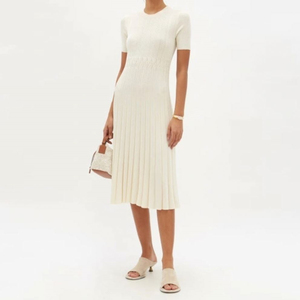 Vestido Midi de punto acanalado con volantes blancos, moda de punto para mujer, elegante verano para niñas, vestidos informales para mujer, Vestidos de punto