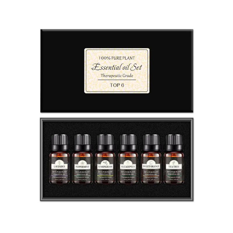 Juego de regalo de etiqueta privada de 10ml, juego de aceites esenciales puros 100%, aceite esencial difusor de clavo de menta de árbol de té de lavanda