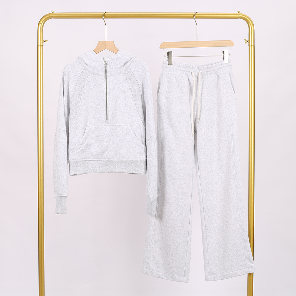 Grey hooded half-pull sweat pants set