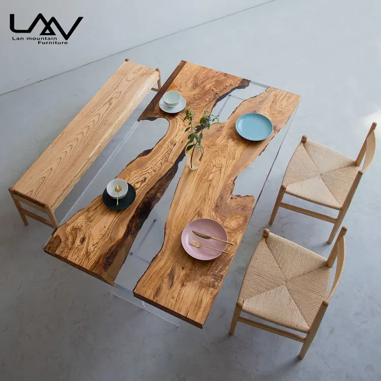 100% 자연 아름다운 독특한 디자인 단단한 나무 크리스탈 클리어 에폭시 수지 식탁 \ 커피 테이블 탑