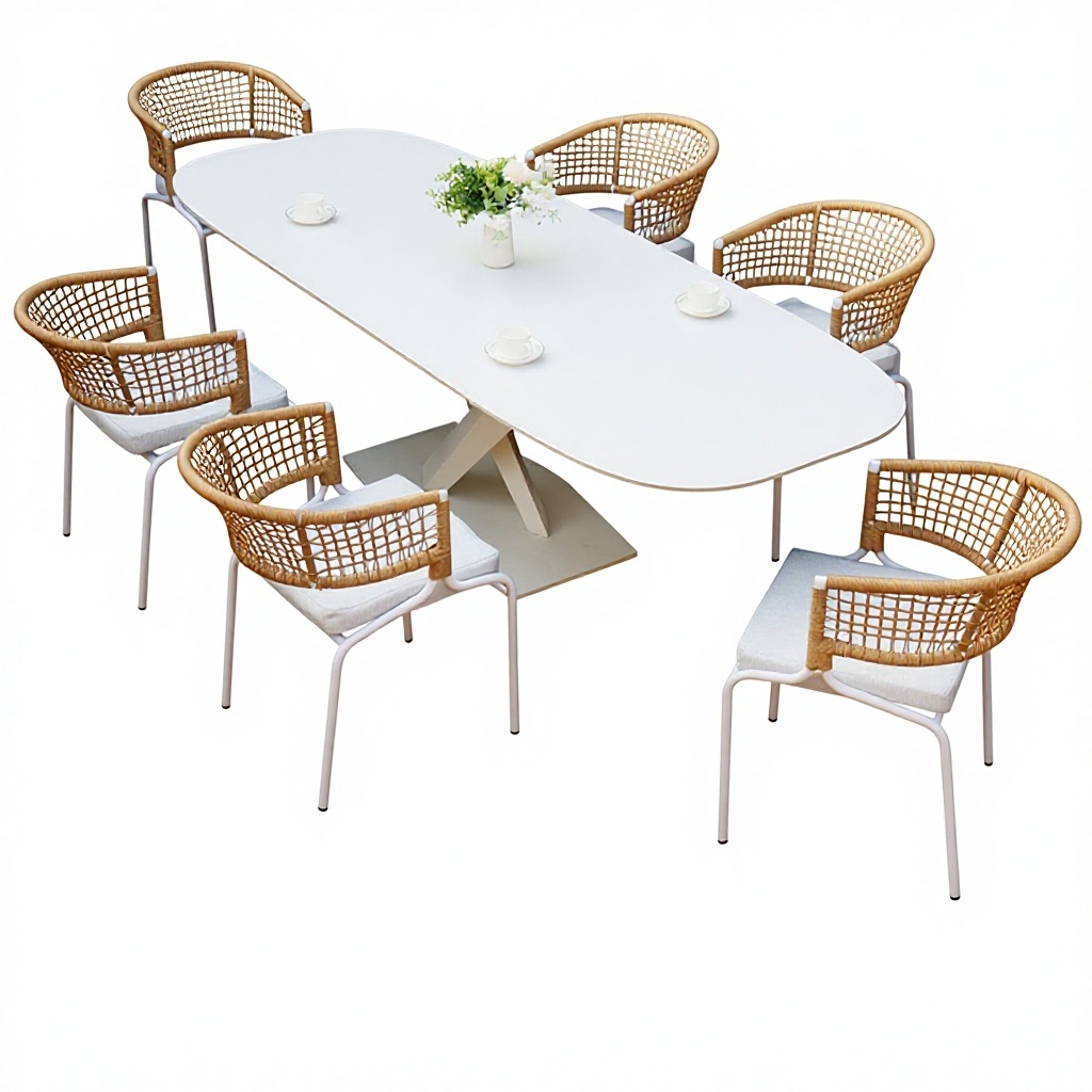 6 sillas 1809075cm mesa larga con pie geométrico y tablero de roca