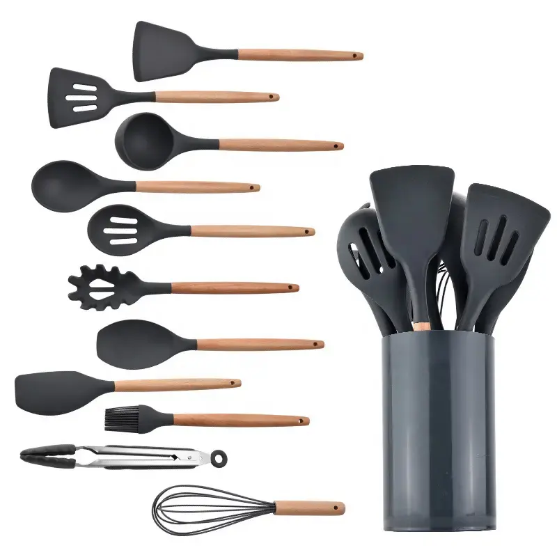 Sıcak satış 9-piece ahşap saplı silikon yapışmaz tencere spatula kaşık mutfak malzemeleri seti