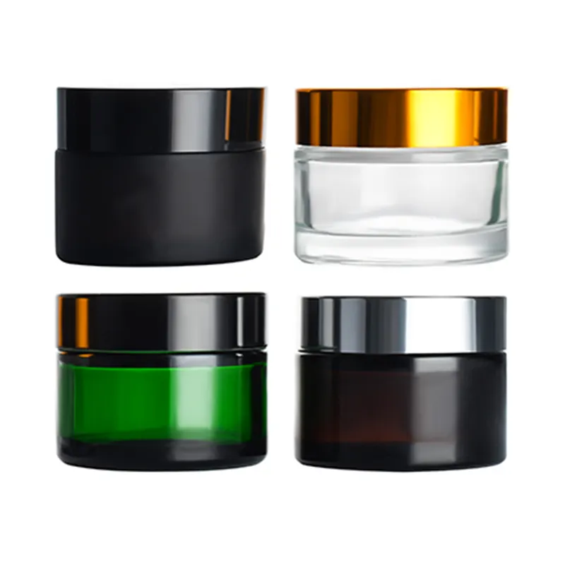 Nieuw Product Cosmetische Verpakking 5G 10G 15G 30G 50G 100G Zwart Helder Amber Glazen Crèmepot Met Goudzwarte Strook Aluminium Dop