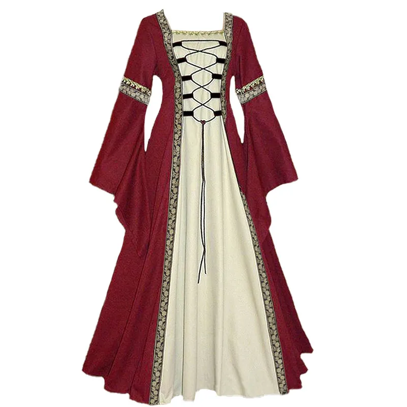 중세 여성 빈티지 드레스 긴 플레어 슬리브 맥시 드레스 가운 이브닝 드레스 여성 성능