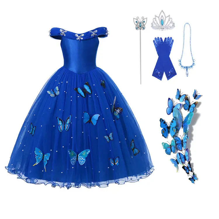 Donkerblauwe Deluxe Vlinders Meisjes Prinsessenjurk Halloween Kostuum Verjaardagsfeest Kleding Elsa Sneeuwwitte Meisjes Fancy Dresses