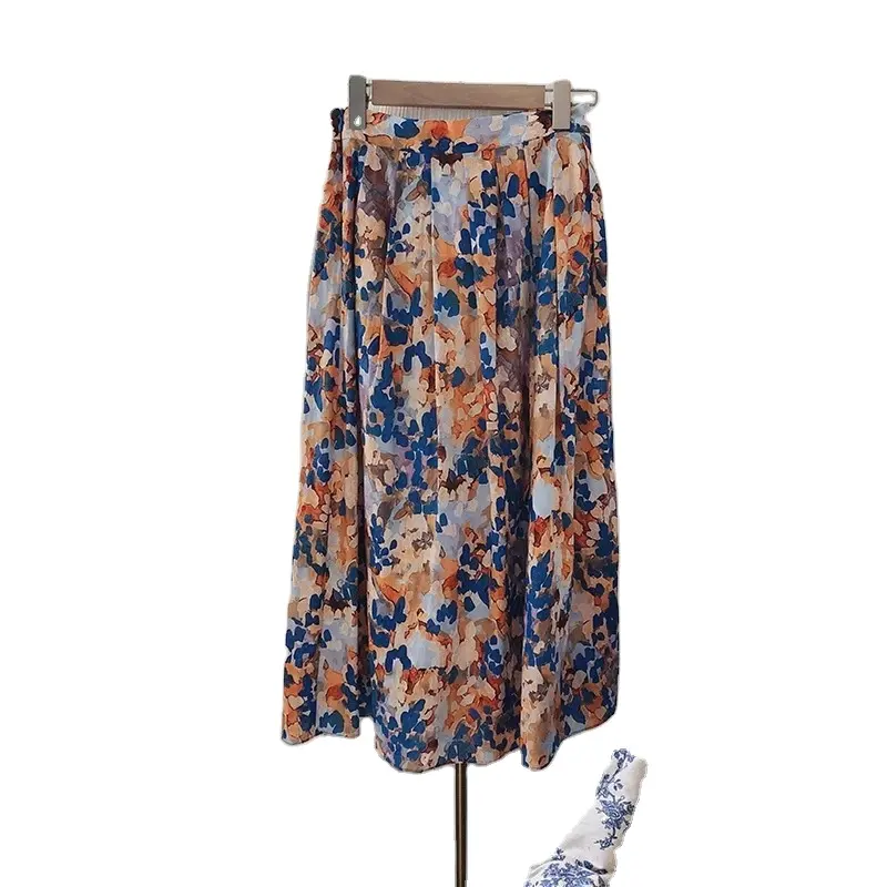 Saia longa feminina de cintura alta verão 2020, saia longa de algodão com estampa de flores e elegância, saia feminina primavera saia folds feminina, 2020