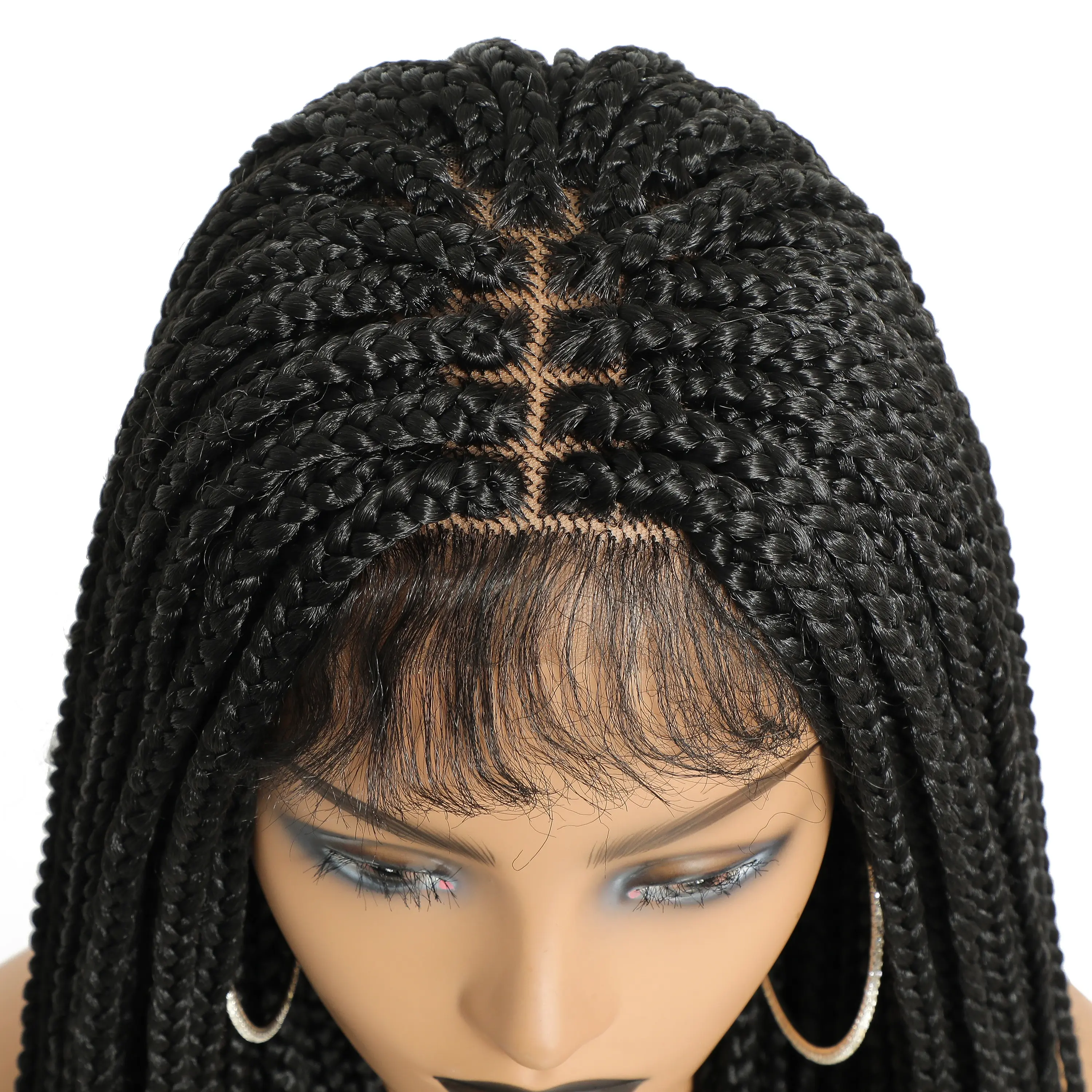 Peluca de cabello sintético sin pegamento, hecha a mano, con cierre de encaje trenzado africano