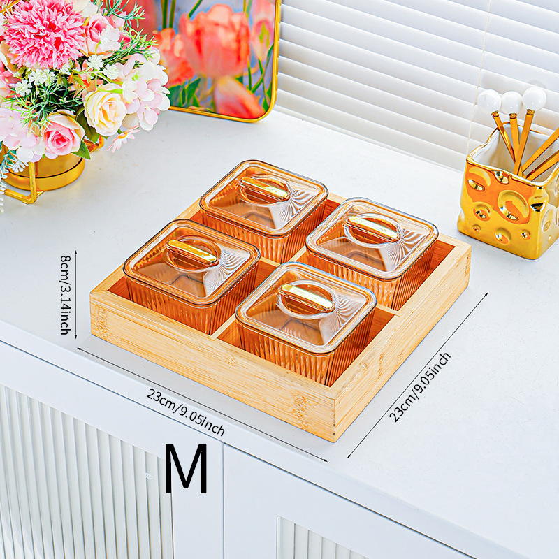 Plato de 4 compartimentos de PET ámbar a rayas con base de madera dorada