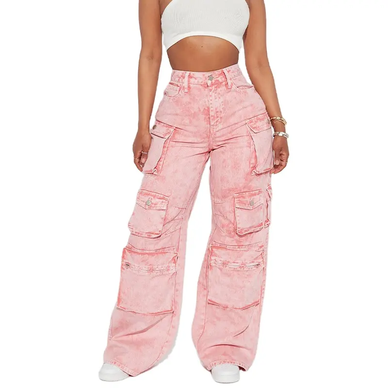 Moda mujer rosa suelto Ajuste de cintura alta pantalones Cargo OEM logotipo personalizado Multi Cargo bolsillos Denim Jeans