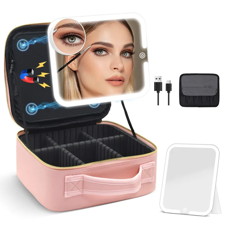 Portable make up bag Adjustable Dividers Light-Up Mirror Cosmetic Bag Travel makeup bag with led mirror for Toiletries Brushes